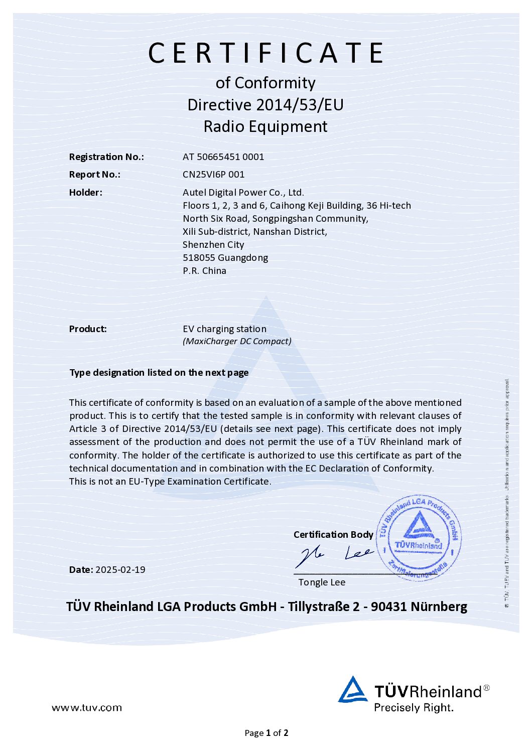 MaxiCharger DC Compact 50kW CE Certification