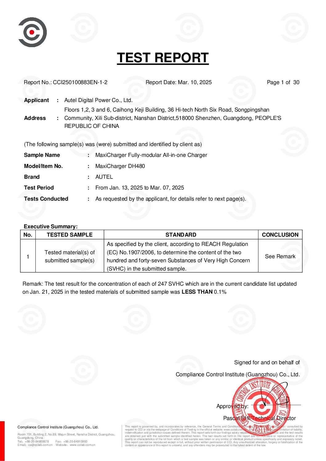 MaxiCharger DH480 REACH Certificate